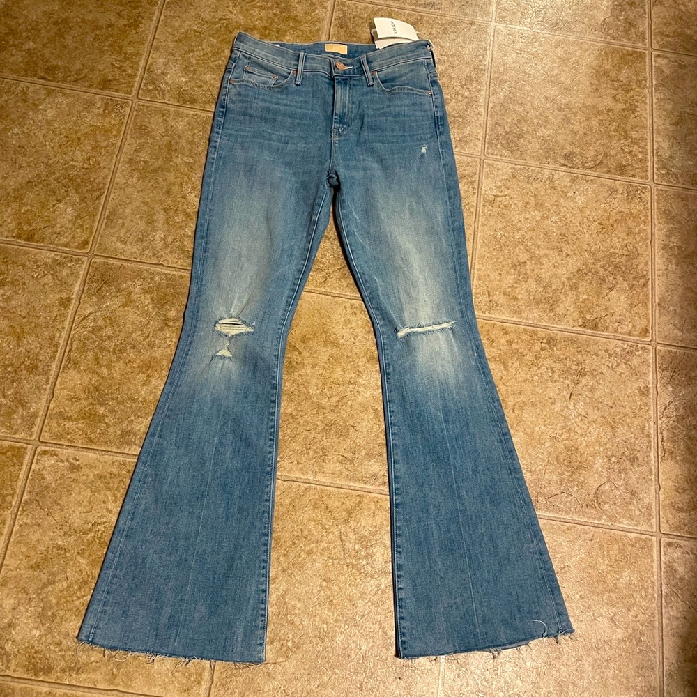 NWT MOTHER DENIM Light Blue Distressed Flare Jeans